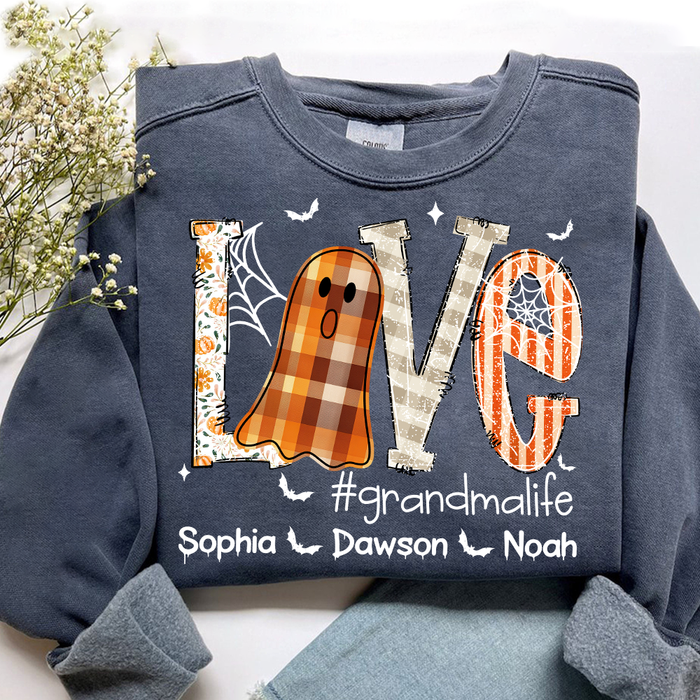 Personalized Grandma Halloween Outfit, Cute Ghost Sweatshirt with Grandkids Names