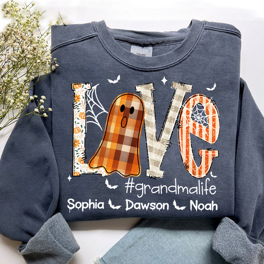 Personalized Grandma Halloween Outfit, Cute Ghost Sweatshirt with Grandkids Names