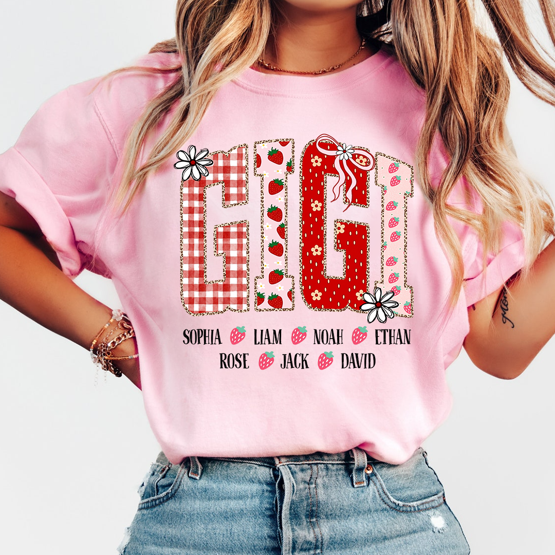 Gigi Personalized Grandma T-Shirt With Strawberry And Flower Motifs, Bearing Her Grandchildren's Names
