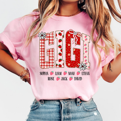Gigi Personalized Grandma T-Shirt With Strawberry And Flower Motifs, Bearing Her Grandchildren's Names