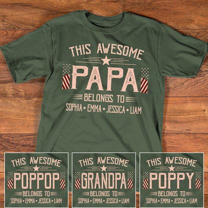 Custom This Awesome Papa T Shirt, American Flag Graphic, Personalized with Family Names for Papa
