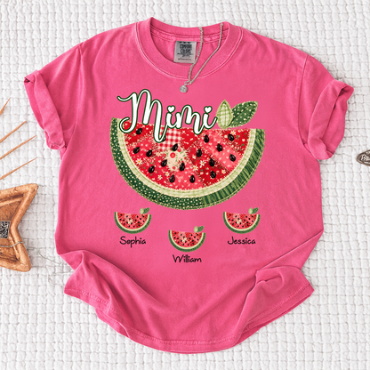 Comfort Colors Custom Mimi Watermelon Patchwork Tee, Personalized Grandma Shirt with Kids Names, Summer Vacation Family Gift for Women