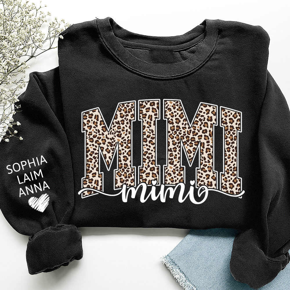 Personalized Mimi Leopard Print Sweatshirt, Custom Grandkids’ Names on Sleeve, Heart Detail