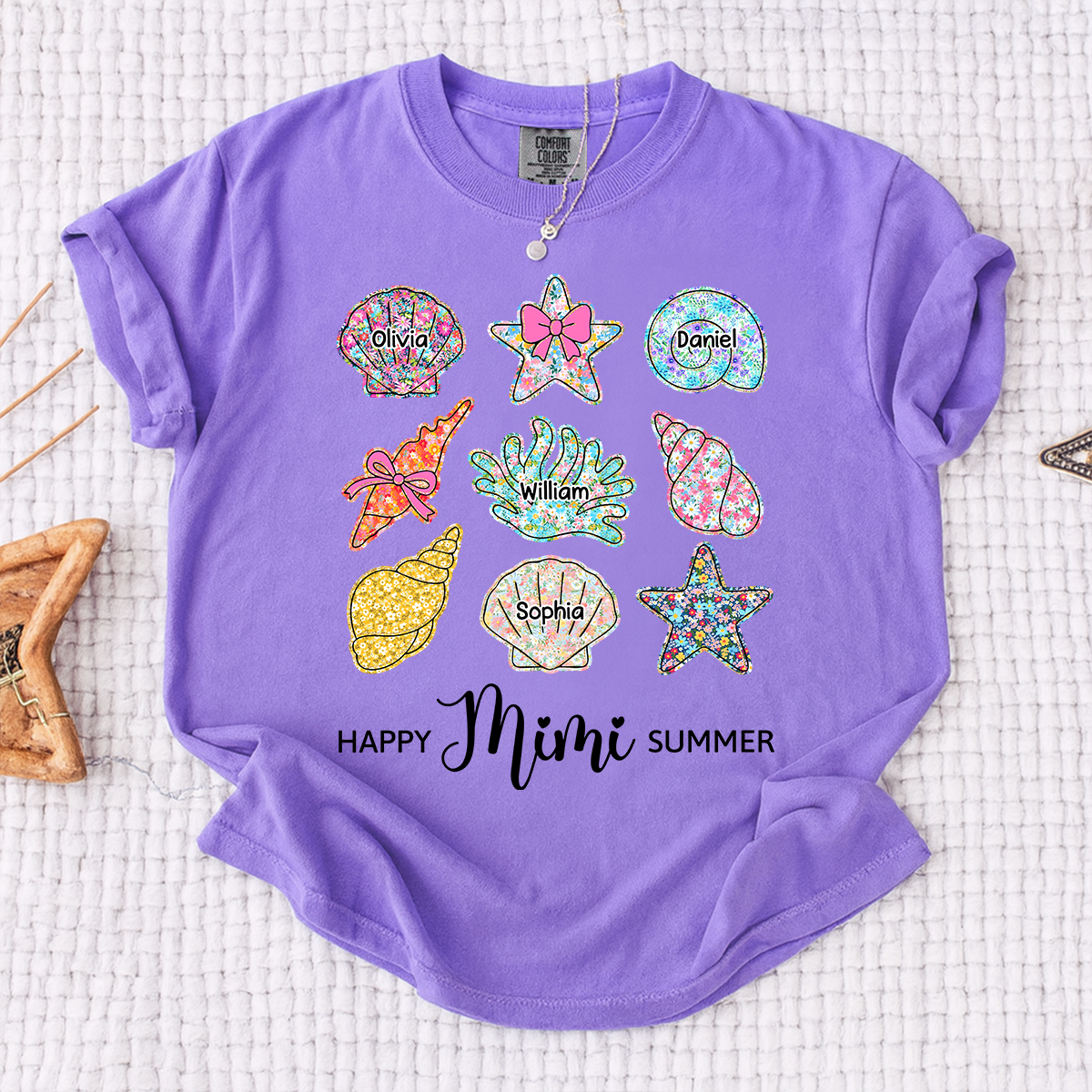 Comfort Colors Personalized Mimi Summer Beach Shirt with Grandkids Names, Custom Grandma Seashell Starfish T Shirt for Women