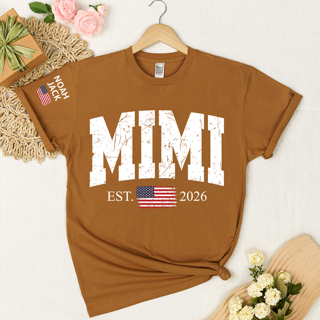 Patriotic Mimi T Shirt, Vintage American Flag Design with Custom Grandkids Names