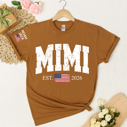 Patriotic Mimi T Shirt, Vintage American Flag Design with Custom Grandkids Names