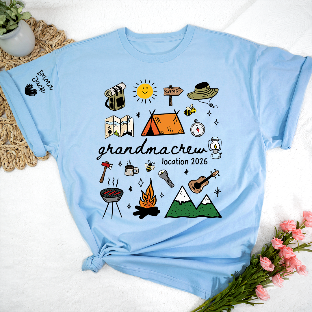 Custom Grandma Crew Camping T Shirt, Personalized Family Names Sleeve Design, Outdoor Adventure Tee for Grandma, Camp Lover Gift