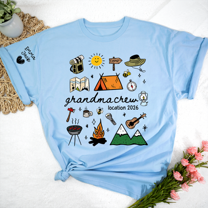 Custom Grandma Crew Camping T Shirt, Personalized Family Names Sleeve Design, Outdoor Adventure Tee for Grandma, Camp Lover Gift