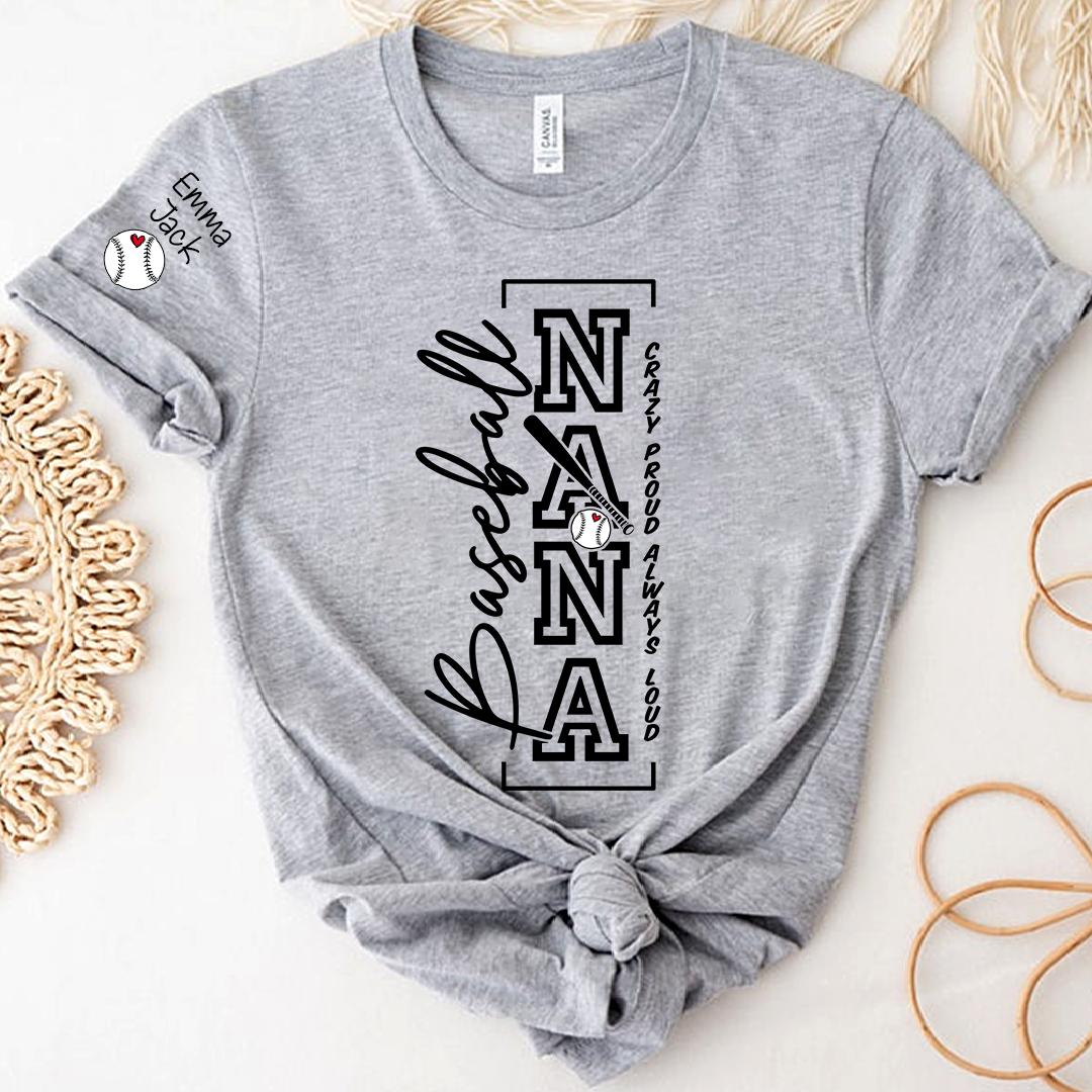 Baseball Nana T-Shirt, Custom Family Name Shirt with Modern Vertical Graphic