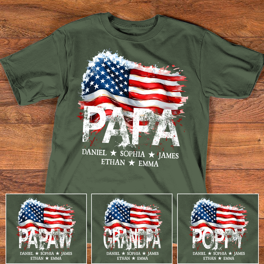 Papa American Flag Shirt, Personalized Papa Tee with Kids Names, Patriotic Grandpa Gift, Custom Family Shirt for Dad