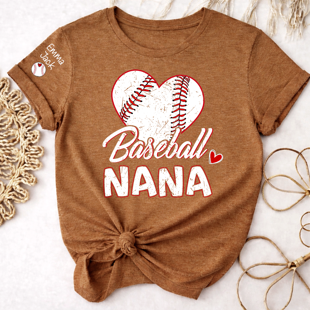 Baseball Nana T-Shirt With Custom Grandkids Names, Heart Graphic Design For Gift Gradma And Kids