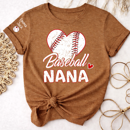 Baseball Nana T-Shirt With Custom Grandkids Names, Heart Graphic Design For Gift Gradma And Kids
