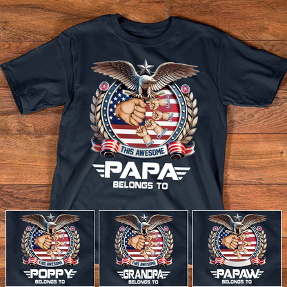Personalized Papa Shirt This Awesome Papa Belongs To, Custom Kids Names Patriotic Eagle T-Shirt
