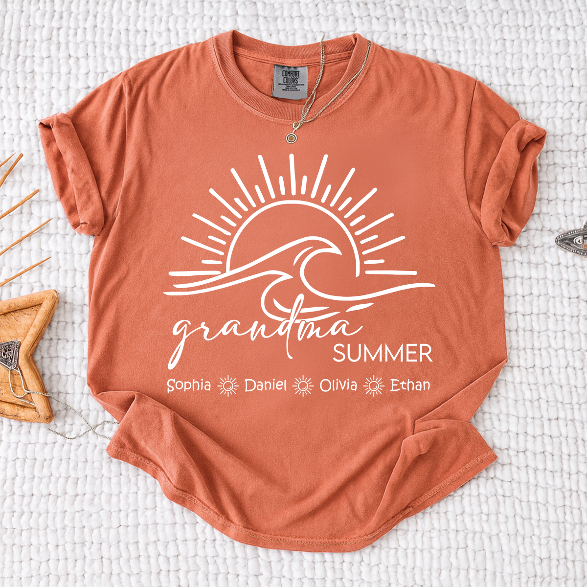 Comfort Colors Personalized Grandma Summer Shirt, Custom Grandkids Names Wave T-Shirt, Beach Vacation Grandma Gift, Family Matching Tee