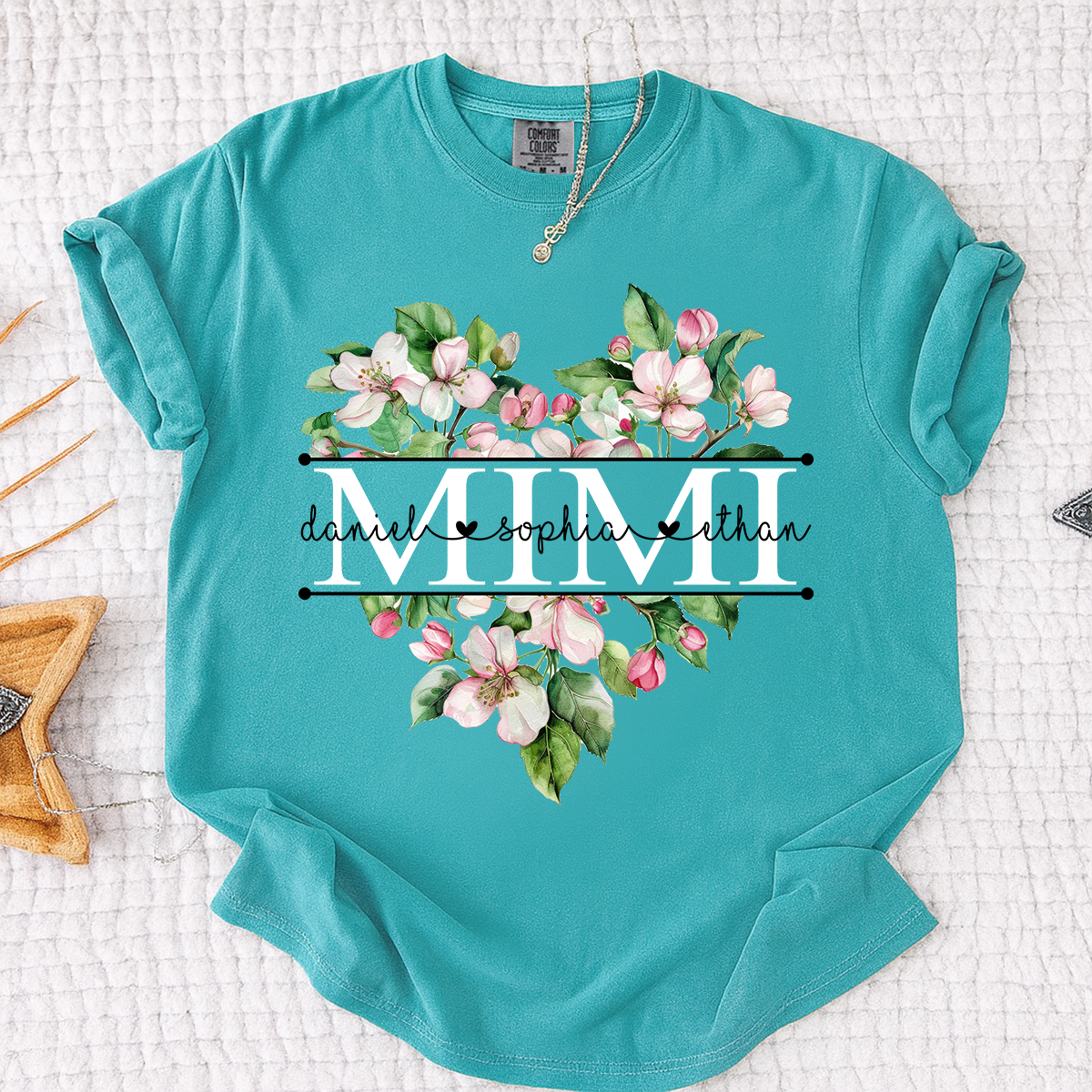 Comfort Personalized Mimi Flower Heart Shirt, Custom Names Family Gift T Shirt