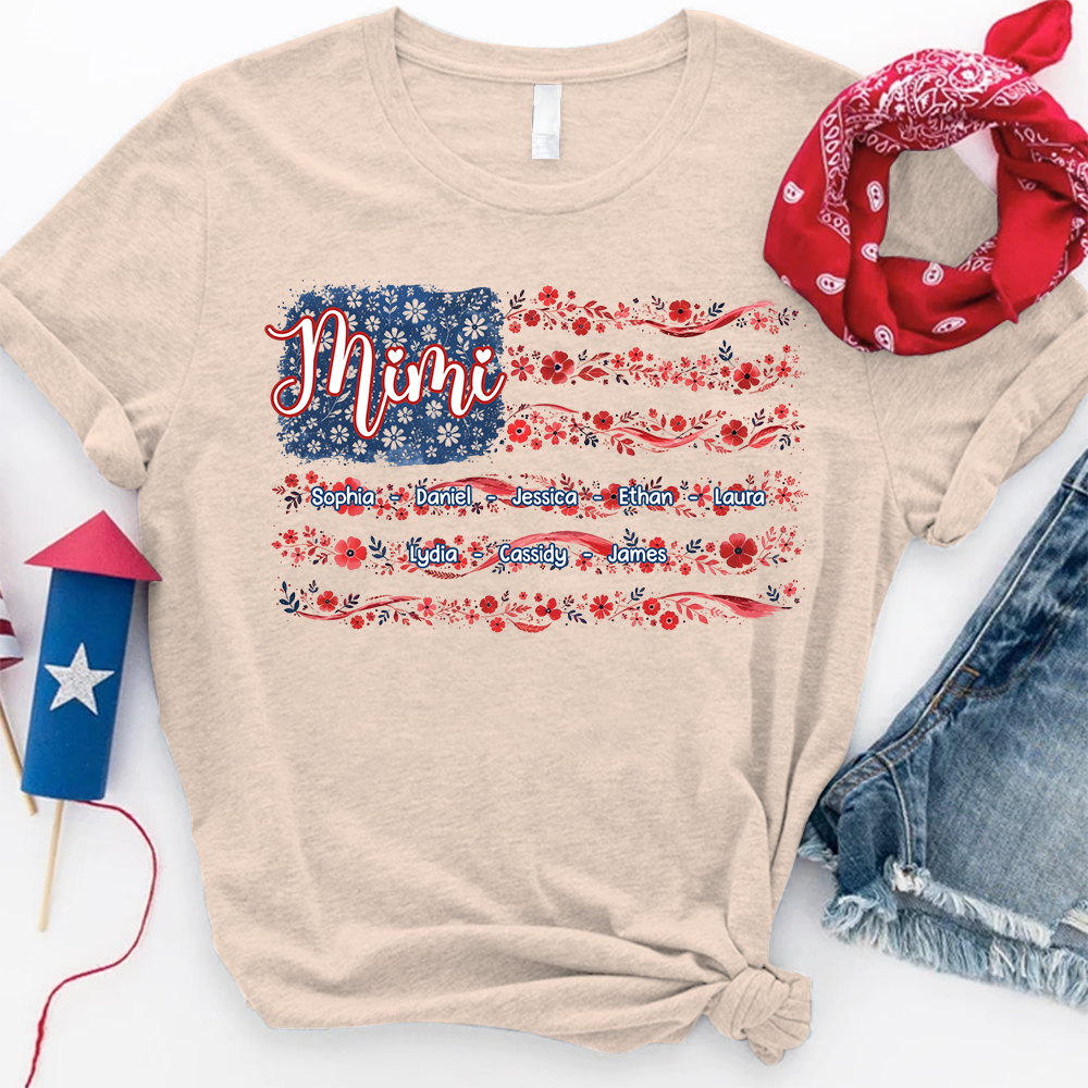 Mimi Floral American Flag Shirt, Custom Grandkids Name Tee, Patriotic Grandma Gift for Nana Mimi Great Grandma