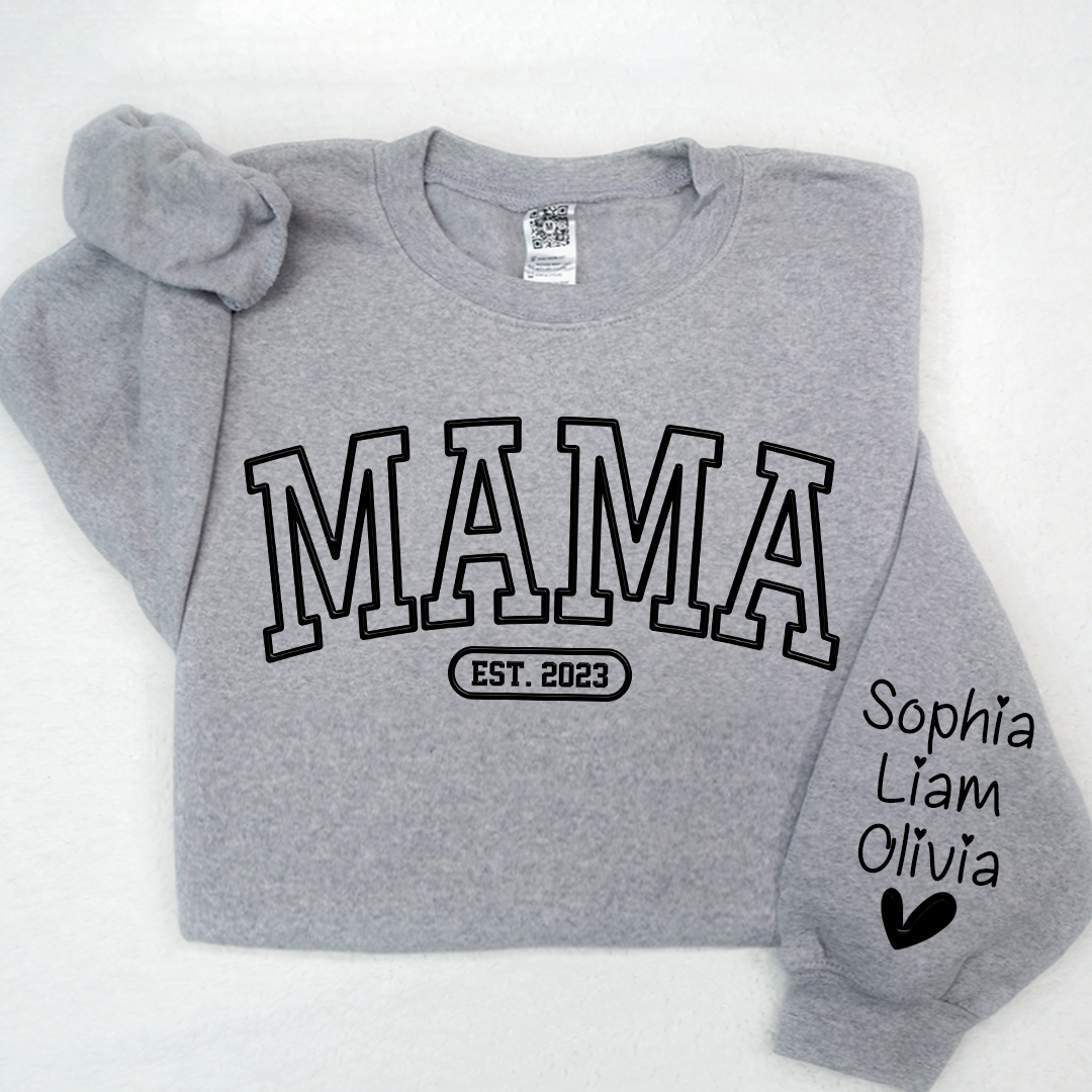 Mama Sweatshirt With Personalized Child's Name Embossed On Sleeve, Mother's Day Gift LTP01