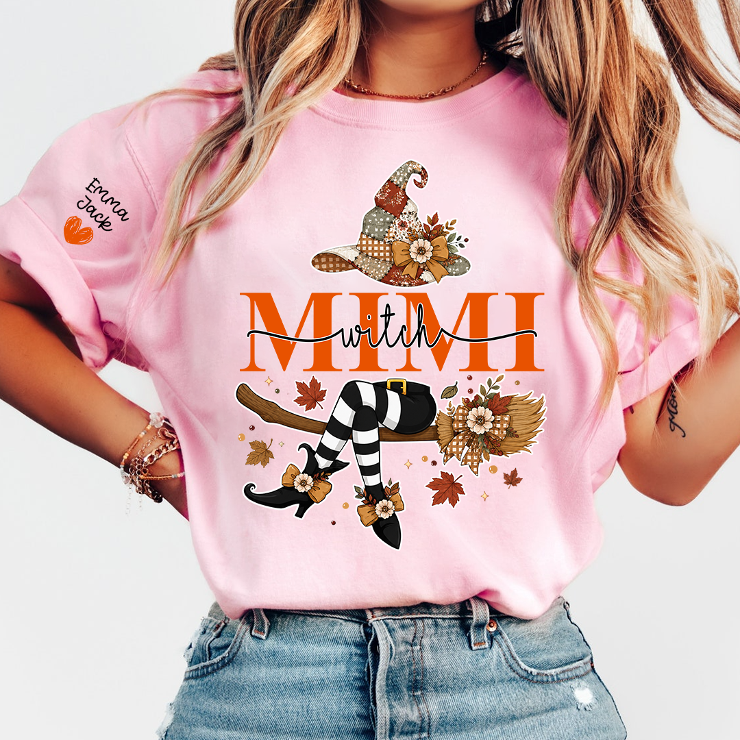 Funny Mimi Witch Shirt, Fall Halloween Grandma Graphic Tee, Personalized Family Names T Shirt, Cozy Autumn Gift for Mimi