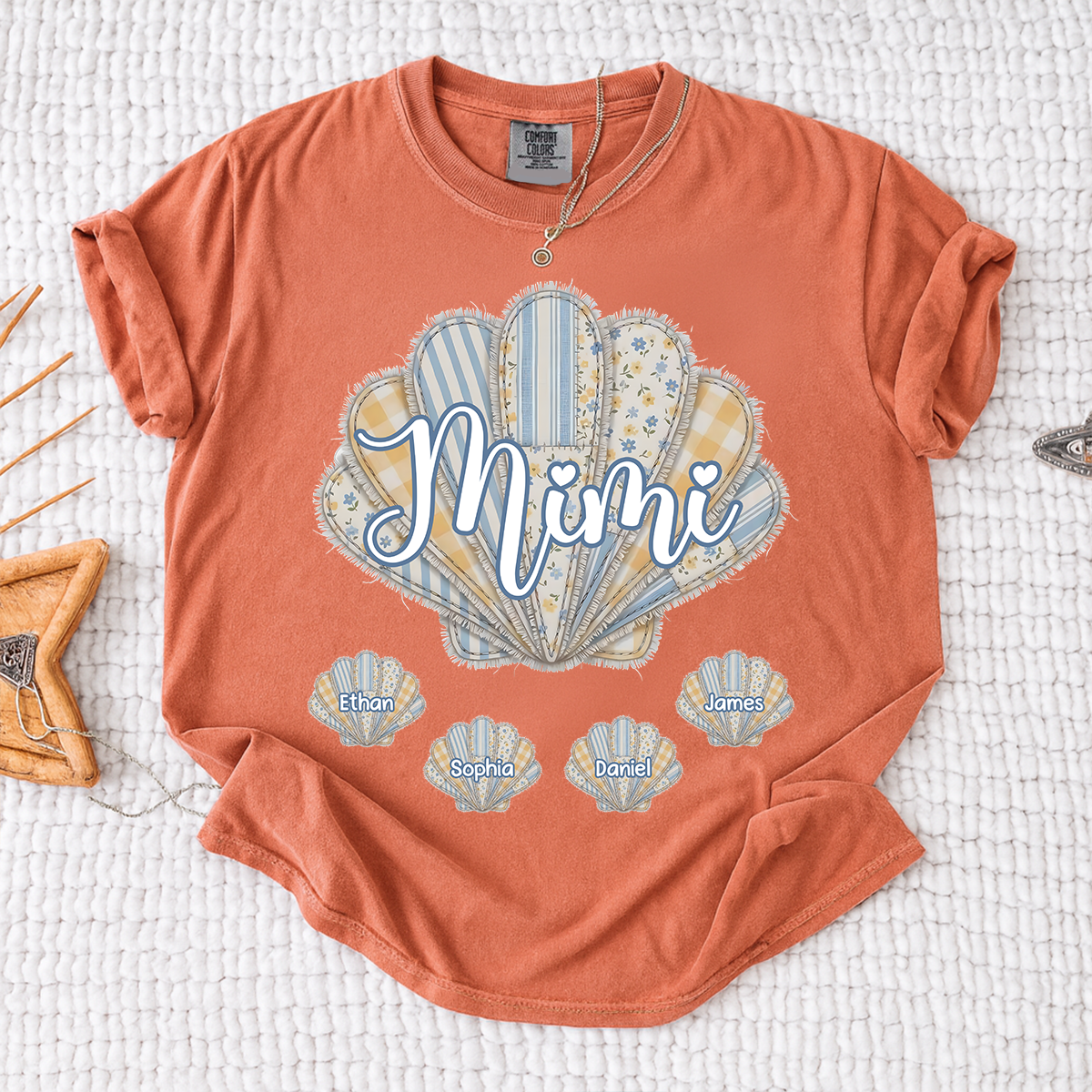 Comfort Colors Personalized Mimi Shirt with Grandkids Names, Custom Seashell Patchwork Graphic Tee, Beach Grandma Summer Family Shirt