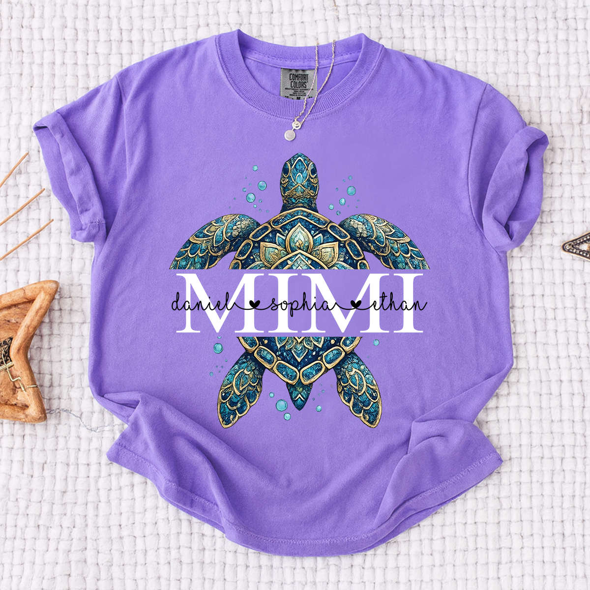 Comfort Colors Mimi Sea Turtle Shirt, Personalized Grandma Shirt with Grandchildren Names, Coastal Summer Gift for Mimi Nana