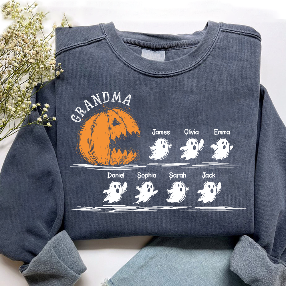 Personalized Grandma Halloween Shirt, Pumpkin And Ghosts Shirt With Grandkids Names