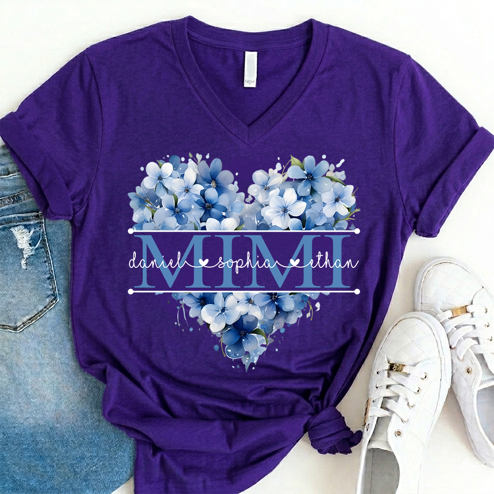 Personalized Mimi Shirt with Blue Floral Heart Design, Custom Grandma Gift with Grandkids Name V-Neck