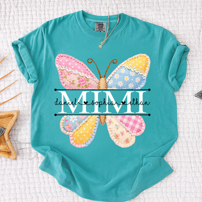 Comfort Colors Vibrant Mimi Shirt with Pink and Yellow Butterfly Patchwork, Custom Grandkids Names