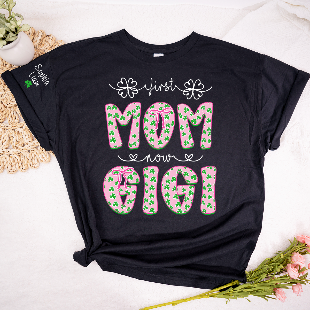 Personalized St Patrick’s Day Grandma Shirt with Kids Names, Shamrock Family Shirt, Custom Nana Mimi Mom Clover T Shirt