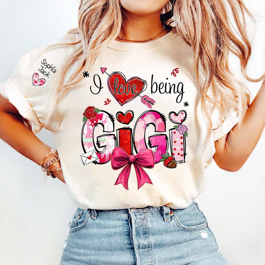 Personalized I Love Being A Nana Valentine's Day T-shirt Cute bows And Strawberries, Gifts for Grandma And Children