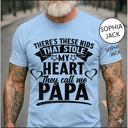 Personalized Papa T-Shirt – “These Kids Stole My Heart” Custom Names Gift for Dad Fathers Day Birthday