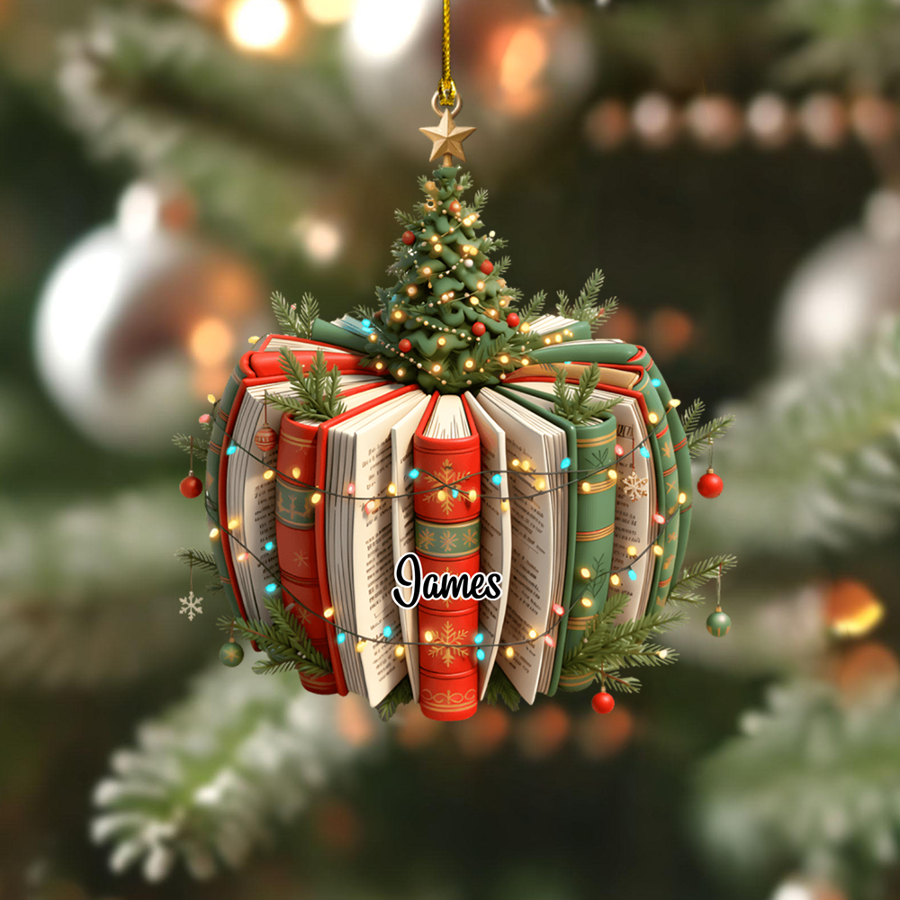 Personalized Book Ornament 2025 – Custom Name Christmas Ornament with Books and Tree, Perfect Gift for Book Lovers & Readers Ornament