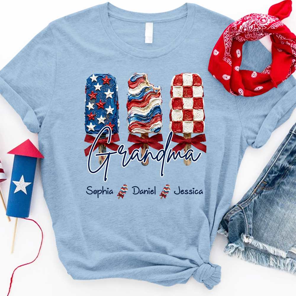Personalized Grandma Patriotic Popsicle Shirt, Custom Grandma 4th of July T Shirt with Kids Names, Family Summer Gift
