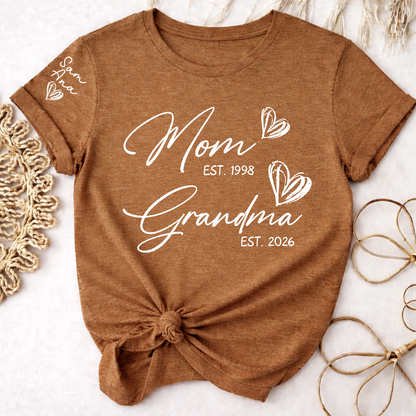 Custom EST Year Mom and Grandma T-Shirt, Personalized Family T-Shirt with Heart Design for Mom & Grandma