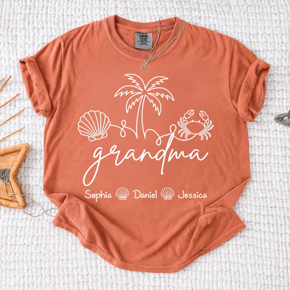 Comfort Colors Personalized Grandma Shirt with Grandkids Names, Custom Beach Line Art Tee, Palm Tree Shell Crab Family T-Shirt