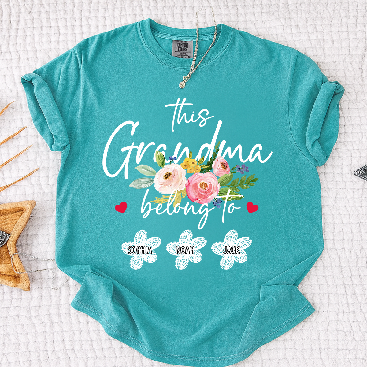 Comfort Colors Custom Grandma T-Shirt, This Grandma Belongs to Personalized with Kids Names and Flower Design