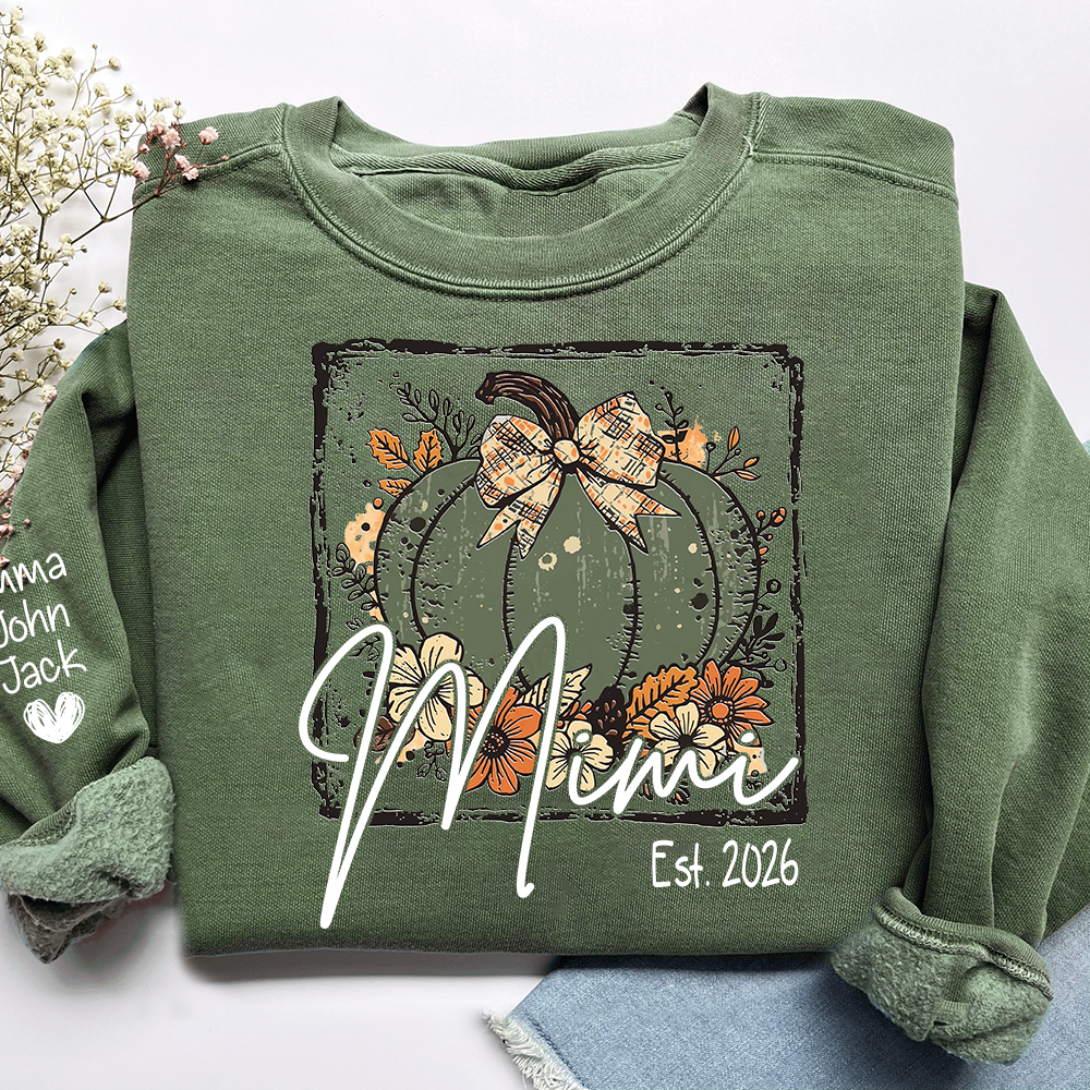 Mimi Pumpkin Shirt for Women, Floral Fall Bow Design Tee, Personalized Grandma T Shirt, Cozy Autumn Gift Idea