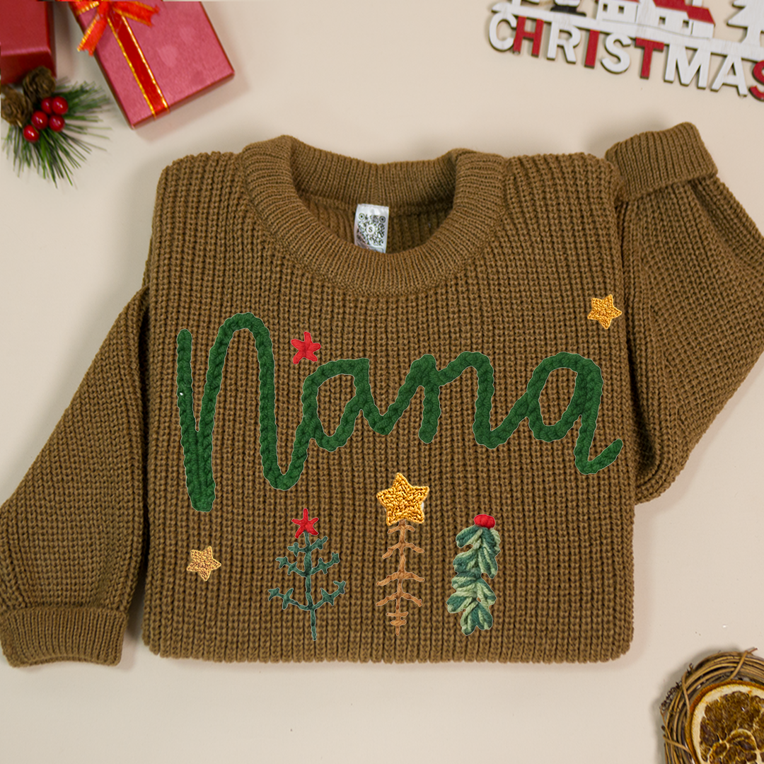 Personalized Nana Tree Hand-Embroidered Sweater, Cozy Christmas Knit Pullover, Unique Holiday Gift for Grandmas and Family
