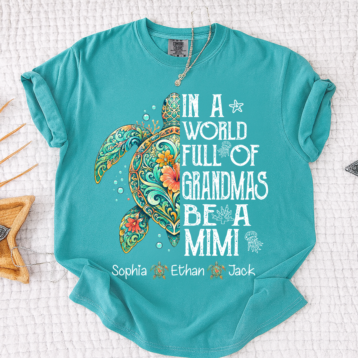 Cute Mimi Turtle Shirt for Women, Personalized Family Names T Shirt, Coastal Sea Life Graphic Tee, Gift for Grandma from Kids