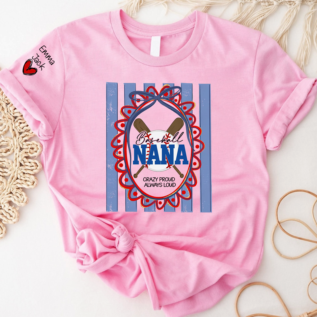 Custom Baseball Coquette Nana Shirt for Game Day, Personalized Kids Names Sports Grandma Tee