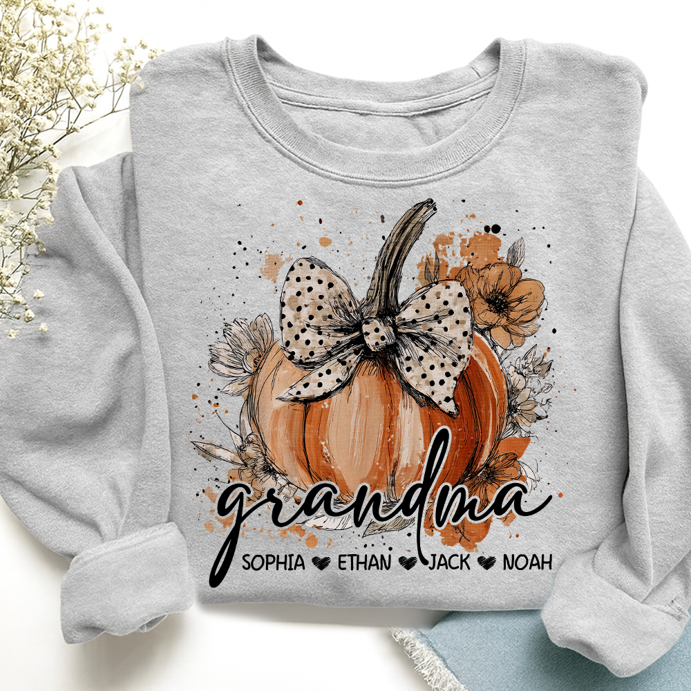 Custom Grandma Pumpkin Shirt, Cozy Autumn Sweatshirt with Kids Names