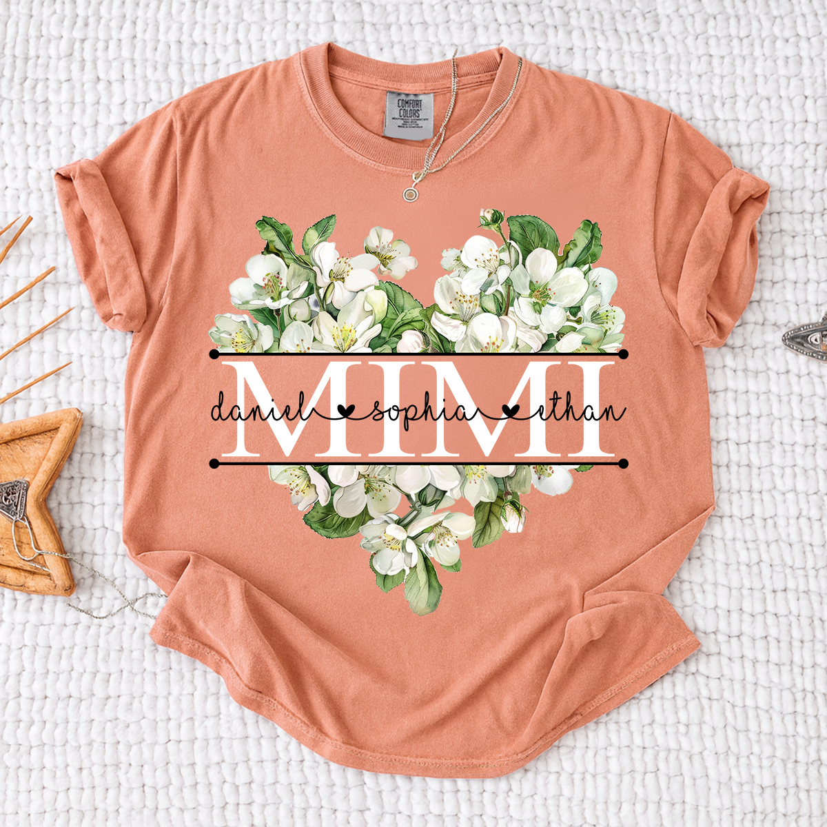 Comfort Custom Mimi T Shirt with Grandkids Names, White Floral Heart Family Tee