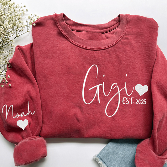 Embroidered Women's Sweatshirt with Heart, Gift For Gigi And Kids