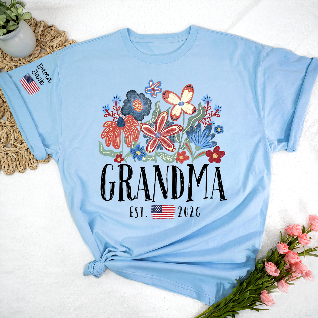 Personalized Flag America Grandma Floral Shirt with Custom Grandkids Names, Colorful Flower Design