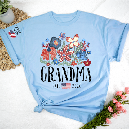 Personalized Flag America Grandma Floral Shirt with Custom Grandkids Names, Colorful Flower Design
