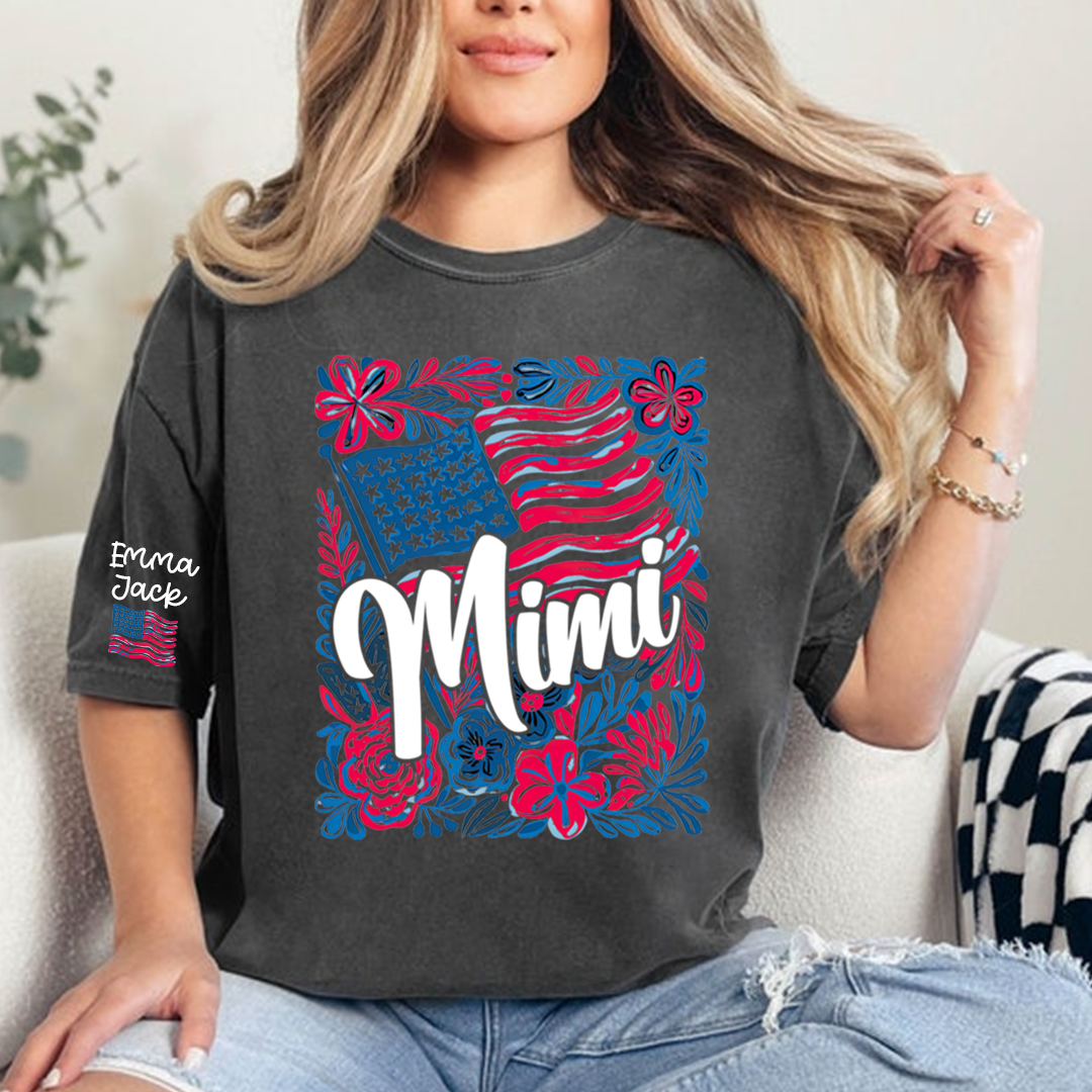 Mimi American Flag Floral Shirt, Custom Grandkids Names Family T Shirt