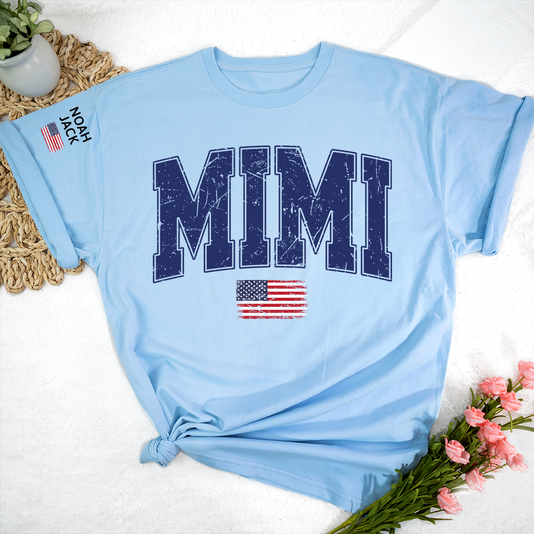 Mimi Patriotic Shirt with American Flag, Personalized Grandkids Names Family T Shirt