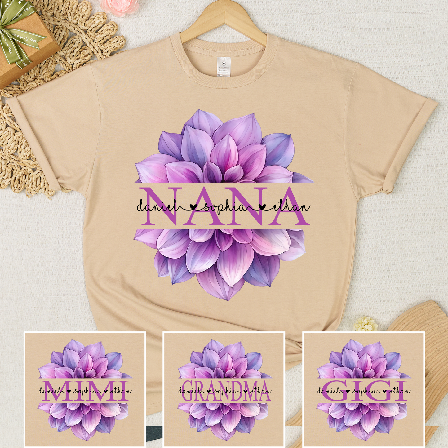 Custom Nana T Shirt with Beautiful Purple Flower, Personalized Grandma Gift with Grandkids Names