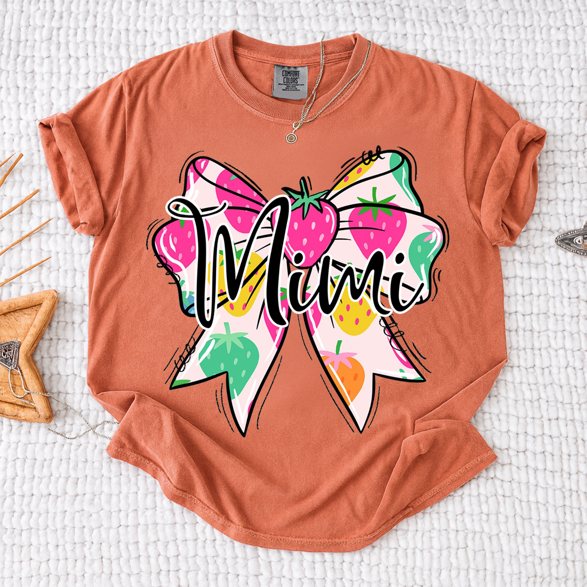 Comfort Colors® Mimi Strawberry Bow Shirt, Cute Grandma Bow Shirt for Women, Fruit Pattern Mimi Tee, Gift for Mimi And Kids