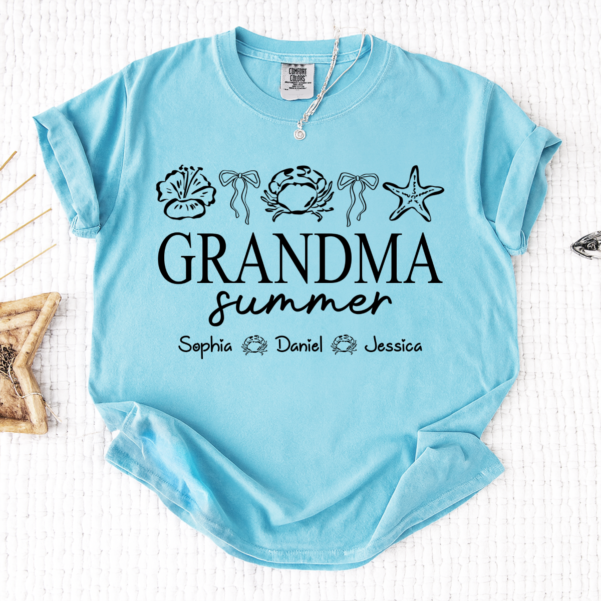 Comfort Colors Grandma Summer Beach T-Shirt, Personalized Ocean Fish Graphic Tee, Custom Kids Names Coastal Grandma Apparel