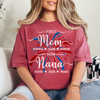 Custom Printed T-shirts Featuring American Fireworks For First Mom, Now Grandma, Patriotic T-shirts With Personalized Family Names For Grandma And Her Grandchildren